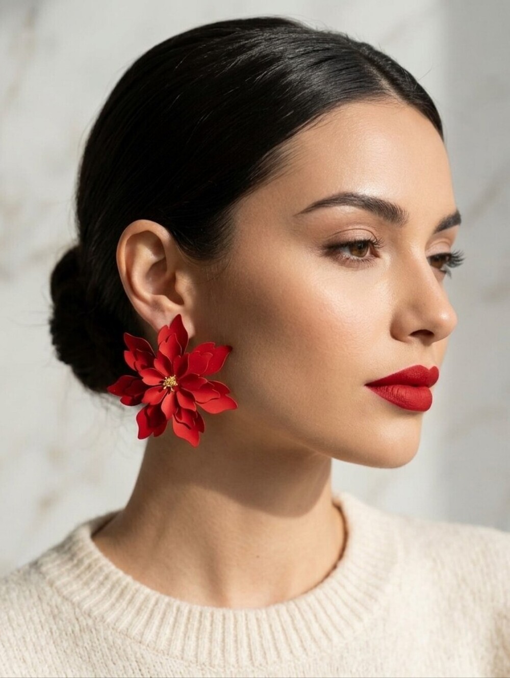 Red Floral Earrings Metal Flower Earrings